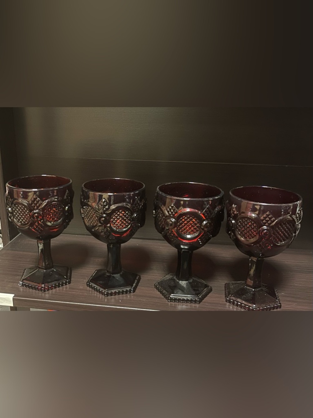 Set of 4 Avon 1876 Ruby Red Cape Cod Wine Goblets.